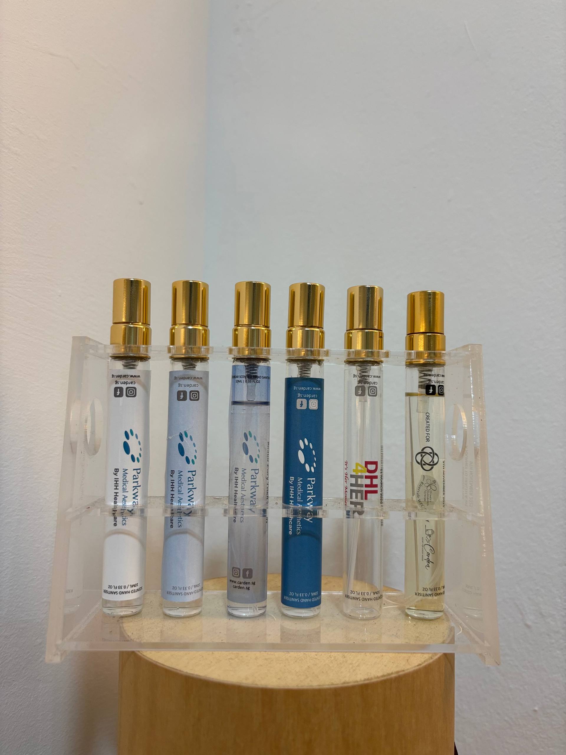Samples of customised 10ml bottle labels for Parkway Shenton, DHL and PA